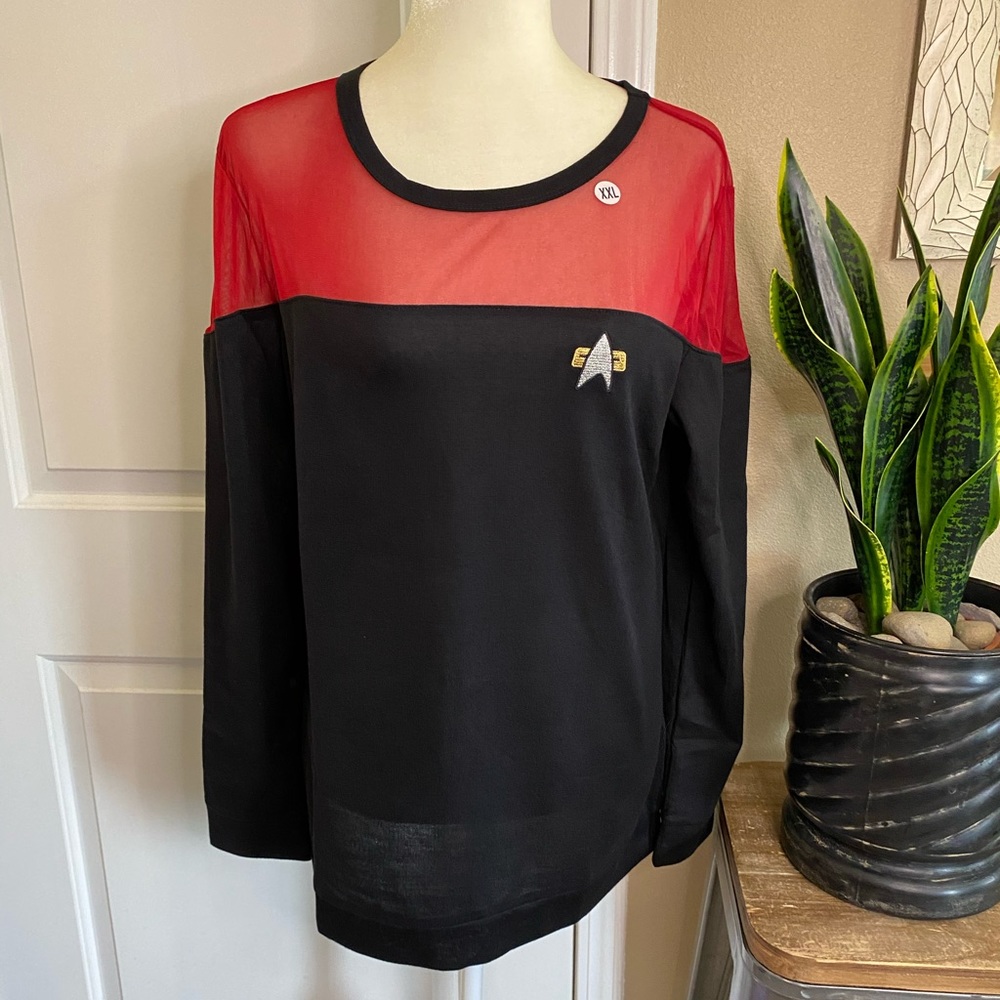NWOT Star Trek Sheer Yoke Red Long Sleeve Sweater - Picture 3 of 13